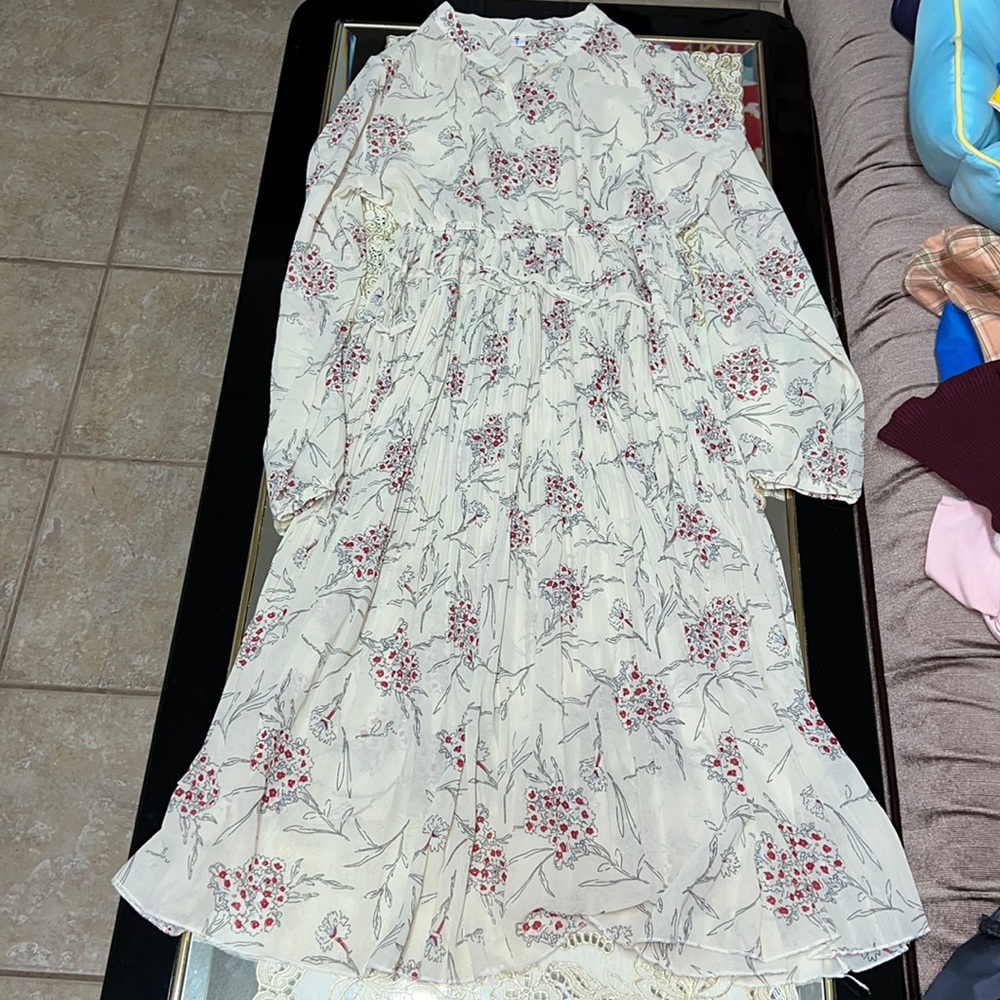 Cream long-sleeve pleated midi dress with red floral print